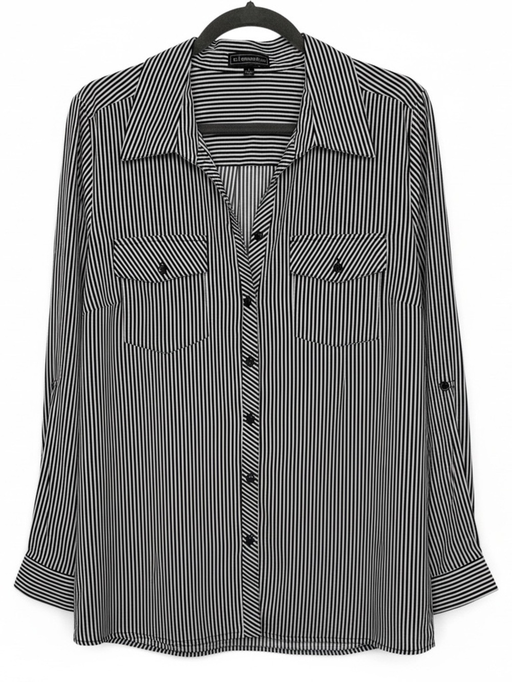 Elementz Sz L Black & White Striped Button Up Roll Tab Sleeves Lightweight | GUC